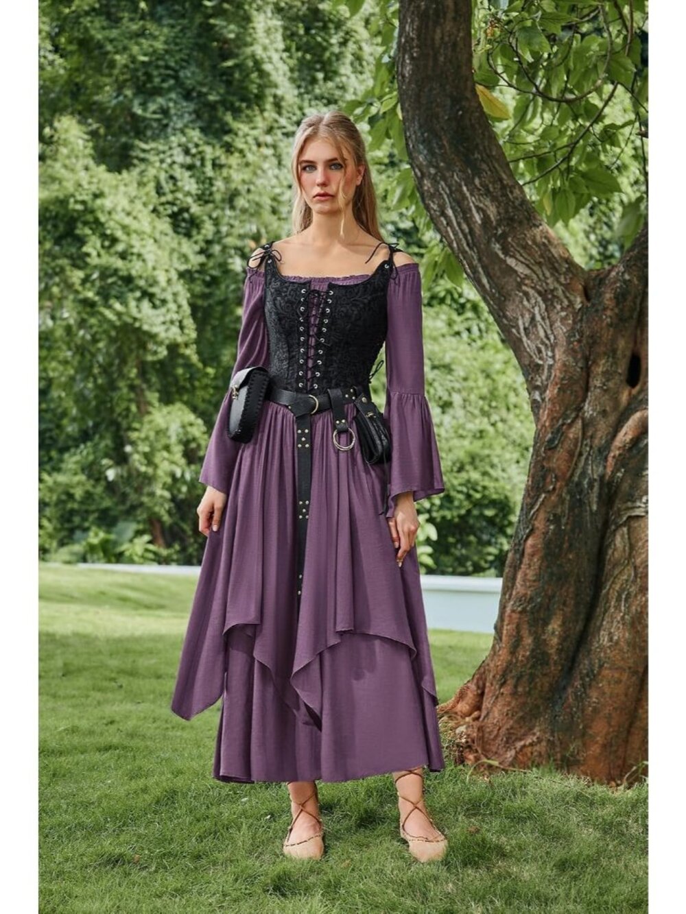 Women's Purple Renaissance Maxi Dress Off Shoulder Bell Long Sleeve Halloween - Picture 7 of 7